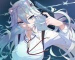  1girl animal_ear_fluff animal_ears bangs blue_background breasts collared_shirt dre eyebrows_visible_through_hair fang floating_hair grey_hair gun hair_between_eyes handgun highres holding holding_gun holding_weapon hololive large_breasts lion_ears lion_girl long_hair neck_ribbon parted_lips pistol red_ribbon ribbon shirt shishiro_botan solo virtual_youtuber weapon white_shirt 