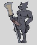  black_body black_eyes black_fur brown_penis canid canine canis fours_(artist) fur genitals glaive hi_res male mammal melee_weapon muscular muscular_male penis polearm pubes rex_(fours) warg_(fours) weapon wolf 