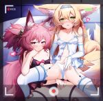  2girls absurdres animal_ear_fluff animal_ears arknights bangs black_panties blonde_hair blush collarbone ddddecade eyebrows_visible_through_hair frilled_panties frills garter_belt hair_between_eyes heart highres long_hair looking_at_viewer multiple_girls multiple_tails navel panties parted_lips pink_eyes pink_hair ponytail pout presenting shamare_(arknights) suzuran_(arknights) tail thighhighs underwear viewfinder white_legwear white_panties yellow_eyes 