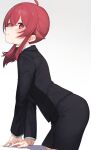  ahoge ass bangs black_jacket black_skirt blush business_suit ears formal highres idolmaster idolmaster_shiny_colors jacket komiya_kaho long_hair long_sleeves looking_at_viewer ponytail pose red_eyes red_hair shirt signalviolet skirt skirt_suit smile solo suit white_background white_shirt 