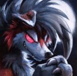  2019 anthro claws evil_grin fur hair kenket lycanroc midnight_lycanroc moon multicolored_body multicolored_fur nintendo pok&eacute;mon pok&eacute;mon_(species) red_body red_fur smile solo text two_tone_body two_tone_fur url video_games white_body white_fur white_hair 