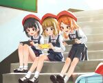  3girls absurdres backpack bag beret black_dress black_hair blue_eyes blunt_bangs blush brown_eyes brown_hair buttons cabbage_(chlehd2239) collar collared_shirt diagonal-striped_ribbon dot_nose dress elementary_schoolmate_(idolmaster) full_body hat highres idolmaster idolmaster_million_live! idolmaster_million_live!_theater_days indoors leaning_forward long_hair long_sleeves lower_teeth_only mary_janes multiple_girls nakatani_iku neck_ribbon nintendo_switch official_alternate_costume ogami_tamaki open_mouth orange_eyes orange_hair parted_bangs parted_lips pinafore_dress playing_games randoseru red_hat ribbon round_collar school shirt shoes short_hair sidelocks sitting sitting_on_stairs sleeveless sleeveless_dress smile socks stairs sunlight suou_momoko teeth v-shaped_eyebrows wavy_hair white_collar white_shirt white_socks 