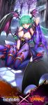 1girl absurdres breasts cleavage cosplay crossover darkstalkers green_hair head_wings highres large_breasts long_hair morrigan_aensland official_art queen&#039;s_blade queen&#039;s_blade_limit_break red_eyes solo werbellia wings 