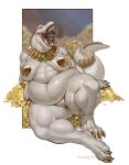alligator alligatorid anthro belly_rolls bodily_fluids butt butt_from_the_front coin crocodilian deep_navel digital_media_(artwork) female female_pred genitals gold_(metal) gold_coin haplorhine hi_res imminent_oral_vore imminent_vore in_mouth larger_anthro larger_female male male_prey mammal monkey navel nipple_covers on_tongue oral_vore overweight overweight_anthro overweight_female pasties pile_of_gold primate pussy raudegil reptile saliva scalie scar sharp_teeth sitting size_difference smaller_anthro smaller_male tail teeth thick_tail thick_thighs tongue treasure_hoard vore