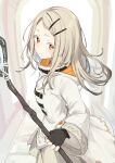  1girl absurdres black_gloves blonde_hair blush buckle closed_mouth commentary_request cowboy_shot dress fingerless_gloves forehead gakuen_idolmaster gloves hair_ornament hairclip highres holding holding_staff hood hood_down idolmaster long_hair long_sleeves looking_at_viewer orange_eyes reikakrzk shinosawa_hiro smile solo staff white_dress 
