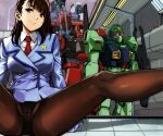  1girl anaheim_electronics arm_shield assault_visor black_pantyhose blue_jacket blue_skirt breasts brown_eyes brown_hair closed_mouth collared_shirt commentary dress_shirt foot_out_of_frame green_eyes gundam jacket kamisimo_90 lapel_pin lapels legs long_hair looking_at_viewer mecha medium_breasts mobile_suit necktie nemo_(mobile_suit) one-eyed orange_visor panties panties_under_pantyhose pantyhose pleated_skirt radio_antenna red_necktie rick_dias robot science_fiction shield shirt skirt smile spacecraft_interior spread_legs suit_jacket thighband_pantyhose underwear white_shirt zeta_gundam zeta_gundam_(mobile_suit) 