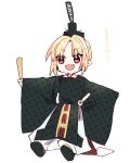  1girl :d alternate_eye_color black_shoes blonde_hair commentary_request deformed fang full_body highres hina_ningyou hinamatsuri holding kanduki_kamibukuro link!_like!_love_live! love_live! osawa_rurino parted_bangs pink_eyes ritual_baton shoes short_hair simple_background skin_fang sleeves_past_wrists smile sokutai solo thick_eyebrows translation_request v-shaped_eyebrows virtual_youtuber white_background 