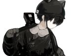  1boy animal_ears animal_ears_helmet animal_helmet black_eyes black_hair black_helmet black_jacket blush buttons cat_ears closed_mouth collared_shirt commentary_request cotono_(nazekun) gloves grey_gloves helmet highres jacket long_sleeves male_focus neko-kun_(cotono_(nazekun)) original pale_skin shirt short_hair simple_background solo upper_body white_background 