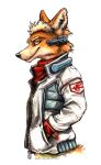  2017 anthro canid canine clothed clothing earpiece fox fox_mccloud fur green_eyes hands_in_pockets hi_res jacket kenket male mammal nintendo orange_body orange_fur pockets simple_background solo star_fox text topwear url video_games white_background white_clothing 