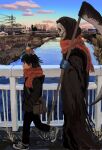  1boy 1other bag black_coat black_pants black_shoes blue_gloves blue_sky bridge brown_bag child closed_mouth cloud coat commentary_request dated day death_(entity) from_side full_body gloves grim_reaper hand_in_pocket highres holding holding_scythe long_sleeves male_focus minahamu original outdoors pants pavement power_lines railing red_scarf river scarf scythe shoes shoulder_bag signature skull sky walking winter_clothes 