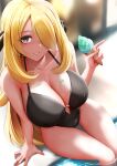  1girl black_swimsuit blonde_hair blurry blurry_background breasts cleavage collarbone cynthia_(pokemon) food food_on_breasts food_on_clothes ginhaha grey_eyes hair_ornament hair_over_one_eye highres holding holding_food ice_cream ice_cream_cone large_breasts long_hair looking_at_viewer one-piece_swimsuit parted_lips pokemon pokemon_(game) pokemon_dppt pool poolside sitting smile soaking_feet solo swimsuit very_long_hair water 