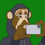  anthro ape bloodshot_eyes bored_ape_yacht_club cellphone clothing haplorhine hoodie male mammal misterpickleman nft parody phone primate smartphone solo topwear 