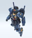  3d commentary_request flying gassan_(7nan8ku) gradient_background green_eyes grey_background gundam gundam_mk_ii highres machinery mecha mecha_focus mobile_suit no_humans realistic robot science_fiction thrusters titans_(gundam) v-fin vernier_thrusters zeta_gundam 