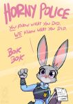  2022 anthro badge blush clothed clothing conditional_dnp disney english_text female fur go_to_horny_jail grey_body grey_fur jollyjack judy_hopps knocking lagomorph leporid looking_at_viewer mammal meme notebook police police_badge police_uniform purple_eyes rabbit simple_background solo sound_effects text uniform window yellow_background zootopia 