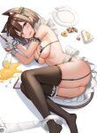  1girl animal_ear_fluff animal_ears arm_garter ass bare_shoulders bell bikini black_legwear blush bow breasts broken_plate brown_hair cake cat_ears cat_girl cat_tail commentary cookie cuffs cup drinking_glass embarrassed food frills fruit garter_straps gloves hair_bow hair_ornament handcuffs highres jingle_bell kitin leg_garter legs_together lemon lemon_slice lying maid_bikini medium_hair micro_bikini no_shoes on_side original plate purple_eyes short_hair simple_background skindentation solo spill strawberry swimsuit tail thighhighs toilet_paper underboob wavy_mouth white_background white_gloves x_hair_ornament 