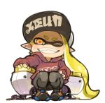  1girl autobomb_(splatoon) blonde_hair colored_eyelashes hat hood hoodie inkling long_hair looking_at_viewer mask mota one_eye_closed pants pointy_ears simple_background smile solo splatoon_(series) splatoon_2 sweatpants teeth tentacle_hair white_background 