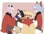  5girls akafuyu_(arknights) animal_ears arknights bangs black_hair blush bow bowl braid brown_background commentary_request dog_ears eyebrows_visible_through_hair facial_mark food forehead_mark fox_ears fox_girl fox_tail fruit grey_hair hair_between_eyes hair_bow hair_ornament hair_rings hairclip handheld_game_console holding kirara_(arknights) kitsune kotatsu kumamoto_aichi long_sleeves mandarin_orange multiple_girls parted_bangs pink_hair plaid ponytail purple_eyes red_bow saga_(arknights) suzuran_(arknights) table tail twin_braids two-tone_background utage_(arknights) white_background wide_sleeves x_hair_ornament 