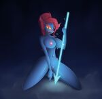  anthro belly big_breasts blue_body blue_skin breasts cave eye_patch eyewear female fish hair hi_res marine melee_weapon pink_hair polearm solo spear suggestive thighs undertale undertale_(series) undyne video_games weapon xyotic yellow_eyes 