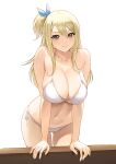  1girl armpit_crease bikini blonde_hair breasts brown_eyes cleavage closed_mouth collarbone fairy_tail hair_ribbon highres jchoy large_breasts leaning_forward long_hair looking_at_viewer lucy_heartfilia navel one_side_up ribbon side-tie_bikini_bottom smile solo stomach swimsuit white_background white_bikini 