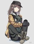  1girl absurdres black_legwear blue_eyes boots combat_boots dier_(girls&#039;_frontline) dima_(girls&#039;_frontline) gar32 genderswap genderswap_(mtf) girls&#039;_frontline highres long_hair pantyhose ponytail signature simple_background sitting skirt solo thigh_strap 