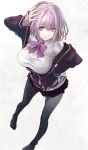  1girl black_legwear bow bowtie cardigan full_body gridman_universe hand_on_hip hand_on_own_head highres jacket light_purple_hair looking_at_viewer no_eyewear no_shoes pantyhose partially_unzipped purple_bow purple_bowtie purple_jacket red_eyes shinjou_akane ssss.gridman ueda_metawo white_background white_cardigan 