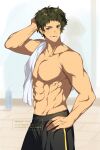  1girl abs black_hair black_shorts bottle collarbone commentary enjoji_michiru hand_on_own_hip highres idolmaster idolmaster_side-m indoors male_focus messy_hair muscular muscular_male navel no_nipples short_hair shorts solo stomach sunyack sweat towel_on_one_shoulder twitter_username watermark 