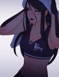  1girl abs black_eyes black_hair black_sclera breasts colored_sclera facial_mark highres koyorin lips long_hair medium_breasts midriff navel original solo sports_bra towel towel_on_head upper_body white_background 