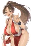  :d breasts brown_eyes brown_hair cleavage collarbone dress fatal_fury hand_up high_ponytail highres huge_breasts japanese_clothes jchoy kuji-in leaning_forward long_hair motoyui pelvic_curtain ponytail red_dress sash shiranui_mai simple_background smile the_king_of_fighters very_long_hair white_background white_sash 