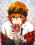  1boy black_headband black_necktie character_name closed_mouth collared_jacket collared_shirt commentary_request donut dress_shirt eating english_text fingernails food hair_between_eyes hand_on_own_knee hand_up headband heart heart_background holding holding_donut holding_food hoshimaru_daichi idol idol_clothes idolmaster idolmaster_side-m jacket knees_up long_bangs long_sleeves looking_at_viewer necktie off_shoulder official_alternate_costume official_art open_clothes open_jacket orange_hair plaid_clothes plaid_jacket red_jacket shirt short_hair smile solo squatting straight-on straight_hair tongue tongue_out undone_necktie upper_body wakazato_haruna white_shirt 