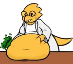  alphys anthro beady_eyes belly belly_on_table big_belly bodily_fluids breasts buckteeth clothed clothing coat deep_navel english_text eyewear female front_view glasses holding_belly lab_coat lizard looking_at_belly looking_at_own_belly looking_at_self looking_down looking_down_at_self navel non-mammal_breasts obese obese_anthro obese_female onomatopoeia overweight overweight_anthro overweight_female reptile rumbling_stomach scales scalie short simple_background solo sound_effects spaghettiz sweat teeth text thick_tail topwear undertale undertale_(series) video_games yellow_body yellow_scales 