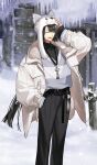  1boy anastasia_(lostbelt)_(fate/grand_order) animal_charm animal_hat belt belt_buckle black_belt black_hair black_pants black_shirt blue_sweater blunt_bangs blunt_ends buckle building character_charm charm_(object) closed_eyes coat commentary fate/grand_order fate_(series) feet_out_of_frame fur-trimmed_coat fur_trim hand_in_pocket hand_on_headwear hat hat_with_ears icicle itefu jewelry long_hair long_sleeves male_focus official_art open_clothes open_coat open_mouth outdoors pants pendant shirt shirt_partially_tucked_in sibuxiang_(fate) sleeves_past_wrists smile snow snowing solo standing striped_clothes striped_sweater sweater taigong_wang_(dream_portrait)_(fate) taigong_wang_(fate) third-party_source turtleneck two-tone_sweater unzipped very_long_hair white_hat white_sweater wolf_hat zipper zipper_pull_tab 