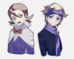  2boys bangs black_sweater blonde_hair bow bowtie bright_pupils brown_hair cape closed_mouth commentary_request eusine_(pokemon) flipped_hair green_eyes hair_between_eyes headband highres jacket lower_teeth male_focus medium_hair morty_(pokemon) multiple_boys nino06aster open_mouth pokemon pokemon_(game) pokemon_hgss purple_eyes purple_headband purple_jacket purple_scarf scarf shirt short_hair smile sweater teeth upper_body white_cape white_pupils white_shirt 