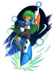  1boy absurdres android armor blue_armor blue_eyes breastplate clenched_hand closed_mouth diegodoodles forehead_jewel gem gloves green_hair hand_on_own_hip helmet highres industrial_pipe long_hair mega_man_(classic) mega_man_(series) mega_man_v mega_man_x_(series) mega_man_x_dive official_style orange_helmet robot robot_ears shoulder_armor smile solo standing terra_(mega_man) v white_gloves 