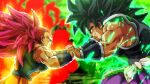  2boys alternate_universe aura black_hair blue_sash bracer broly_(dragon_ball_super) clenched_teeth commission dark-skinned_male dark_skin dragon_ball dragon_ball_super dragon_ball_super_broly dragon_ball_z english_commentary fighting highres holding_hands interlocked_fingers long_hair looking_at_another male_focus merik_(merimo) multiple_boys muscular official_style orange_pants pants ponytail purple_pants raditz red_hair rock saiyan_armor sash serious shintani_naohiro_(style) smirk spiked_hair super_saiyan super_saiyan_god teeth tied_hair v-shaped_eyebrows 