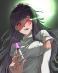  1girl backlighting bandages bangs black_hair blunt_bangs brown_background buttons danganronpa_(series) danganronpa_2:_goodbye_despair dbals0807 elbow_gloves eyebrows_visible_through_hair gloves gradient gradient_background hat highres holding holding_syringe long_hair nurse nurse_cap open_mouth shiny shiny_hair short_sleeves syringe teeth tsumiki_mikan upper_body upper_teeth white_gloves 