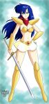  1girl absurdres armor asou_yuuko bangs bikini bikini_armor blue_eyes blue_hair boots breasts cleavage closed_mouth commentary danmakuman eyelashes full_body gem gold_armor highres holding holding_sword holding_weapon knee_boots long_hair looking_at_viewer medium_breasts midriff miniskirt mugen_senshi_valis navel red_bandana red_scarf scarf shoulder_pads skirt smile solo standing stomach swimsuit sword valis video_game weapon white_skirt 