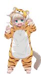  1girl 2022 40hara animal_ears animal_print aqua_eyes barefoot brown_hair cat_ears cat_girl cat_tail chinese_zodiac cosplay gao happy_new_year kigurumi kinako_(40hara) new_year onesie original paw_pose solo tail tiger_ears tiger_print year_of_the_tiger 