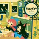  2girls album_cover animal_ears animal_print black_dress black_eyes blue_bow blue_dress blush bow brooch brown_hair cake cake_slice capelet cat_print chair closed_eyes cover cup dress drinking eyebrows_visible_through_hair food fork hair_bow holding holding_cup imaizumi_kagerou jewelry long_hair looking_at_another mug multiple_girls open_mouth pancake plant plate potted_plant red_capelet red_hair sekibanki shinonoko sitting table touhou wolf_ears 