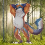  2018 anthro blue_eyes deuzion endertwinks featureless_crotch forest forest_background fur grass hands_behind_head hi_res looking_at_viewer male mammal multicolored_body multicolored_fur nature nature_background nurko overweight plant solo tree ursid 