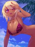  1girl ;d all_fours animal_print bangs bikini blonde_hair blue_eyeshadow blush breasts cloud dark-skinned_female dark_skin day eyeshadow gyaru heart heart-shaped_pupils highres huge_breasts jewelry kogal leopard_print looking_at_viewer makeup medium_hair micro_bikini navel_piercing necklace okottei one_eye_closed original outdoors palm_tree piercing pink_bikini sky smile solo summer sweat swept_bangs swimsuit symbol-shaped_pupils tan tree underboob v 