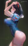  1girl absurdres adapted_costume ass black_hair blue_leotard breasts cleavage curvy from_side hairband highres housou-kun huge_ass large_breasts leotard medium_hair puffy_short_sleeves puffy_sleeves red_hairband short_sleeves snow_white_(disney) snow_white_and_the_seven_dwarfs solo thigh_strap yellow_eyes 