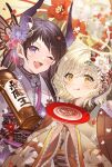  2girls :d absurdres bangs black_hair blonde_hair bottle butterfly_hair_ornament commentary_request cup eyebrows_visible_through_hair fang flower hair_between_eyes hair_flower hair_ornament halo highres japanese_clothes licking_lips light_blush looking_at_viewer mole mole_under_eye multiple_girls new_year noir_eku one_eye_closed original purple_eyes sakazuki sake_bottle short_hair skin_fang smile standing swept_bangs tongue tongue_out upper_body yellow_eyes 