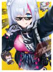  1girl absurdres bangs black_shirt blue_eyes closed_mouth clothes_lift explosive eyebrows_visible_through_hair feet_out_of_frame from_above girls&#039;_frontline girls&#039;_frontline_neural_cloud gloves grenade hair_ornament highres jwthor licking_lips long_hair looking_at_viewer mdr_(girls&#039;_frontline) multicolored_hair one_eye_closed pink_sports_bra selfie shirt shirt_lift silver_hair smile solo sports_bra standing tongue tongue_out white_gloves 