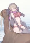  1girl bikini blonde_hair blush don3 elbow_gloves eyebrows_visible_through_hair frilled_bikini frills gloves grey_gloves grey_hair grey_legwear kemono_friends long_hair looking_at_viewer multicolored_hair one_eye_closed orange_eyes pink_bikini pink_scarf scarf sidelocks sitting solo swimsuit thighhighs walrus walrus_(kemono_friends) yawning zettai_ryouiki 