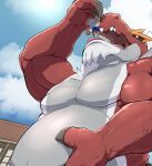 2025 anthro artist_name belly big_belly blue_eyes blue_hair brown_body brown_fur building chester_(pandottermon) claws clothed_pred cloud colored duo extreme_size_difference eyewear fossil_pokemon fur generation_6_pokemon goggles grey_body hair hand_on_belly holding_micro holding_prey imminent_oral_vore imminent_vore looking_at_prey low-angle_view macro male male/male mammal micro musclegut muscular mustelid nintendo open_mouth oral_vore otter outside pandottermon pokemon pokemon_(species) red_body size_difference sky teeth text tongue tyrantrum vore white_body
