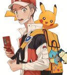  1boy backpack bag baseball_cap black_shirt brown_eyes brown_hair bulbasaur character_print charmander commentary_request hat highres holding jacket lapras long_sleeves male_focus open_mouth orange_bag pikachu pokemon pokemon_(creature) pokemon_(game) pokemon_frlg pokemon_on_back popped_collar red_(pokemon) red_headwear shirt short_hair silber_1224 simple_background snorlax squirtle teeth tongue vs_seeker white_background zipper 