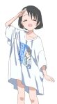  1girl :d blush brown_hair closed_eyes cowboy_shot idolmaster idolmaster_cinderella_girls megabee_e open_mouth oversized_clothes oversized_shirt salute sasaki_chie shirt short_hair smile t-shirt 