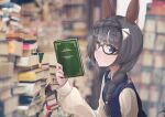  1girl :c animal_ears bangs black_hair blue_eyes blue_sweater blurry blurry_background book braid commentary_request depth_of_field from_side glasses hair_ornament highres holding holding_book horse_ears ikanoshiokara long_hair long_sleeves looking_at_viewer looking_to_the_side pile_of_books shirt signature sleeveless sleeveless_sweater solo sweater turtleneck umamusume upper_body white_shirt zenno_rob_roy_(umamusume) 