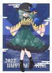  1girl 2022 :d adapted_costume bangs black_bow black_footwear black_headwear black_ribbon blouse blue_flower blue_nails blue_rose blush boots bow commentary_request egasumi english_text eyeball eyelashes floral_print flower frilled_skirt frilled_sleeves frills green_eyes green_hair green_skirt hair_over_one_eye happy_new_year hat hat_flower hat_ribbon heart heart-shaped_pupils heart_of_string high_heel_boots high_heels highres komeiji_koishi kuro_wa_shinoru long_sleeves looking_at_viewer medium_hair nail_polish new_year open_mouth outside_border outstretched_arms print_sleeves ribbon rose rose_print sidelocks skirt smile solo standing symbol-shaped_pupils third_eye touhou wide_sleeves yellow_blouse yellow_ribbon 