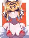  1girl animal_ear_fluff animal_ears black_hair blonde_hair blush chinese_zodiac collarbone commentary_request fang highres kemono_friends light_blush looking_at_viewer red_swimsuit short_hair smile solo swimsuit undressing upper_body uumi_hinata white_hair year_of_the_tiger yellow_eyes 